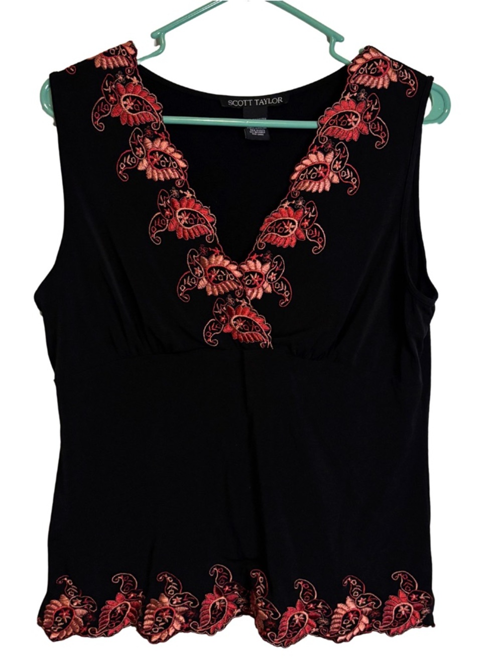 3/$20 Scott Taylor Black Sleeveless Tank Top with Red Embroidered V-Neck